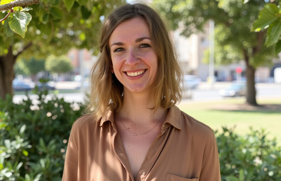 Porträt von Mareike lächelnd in einem städtischen Park