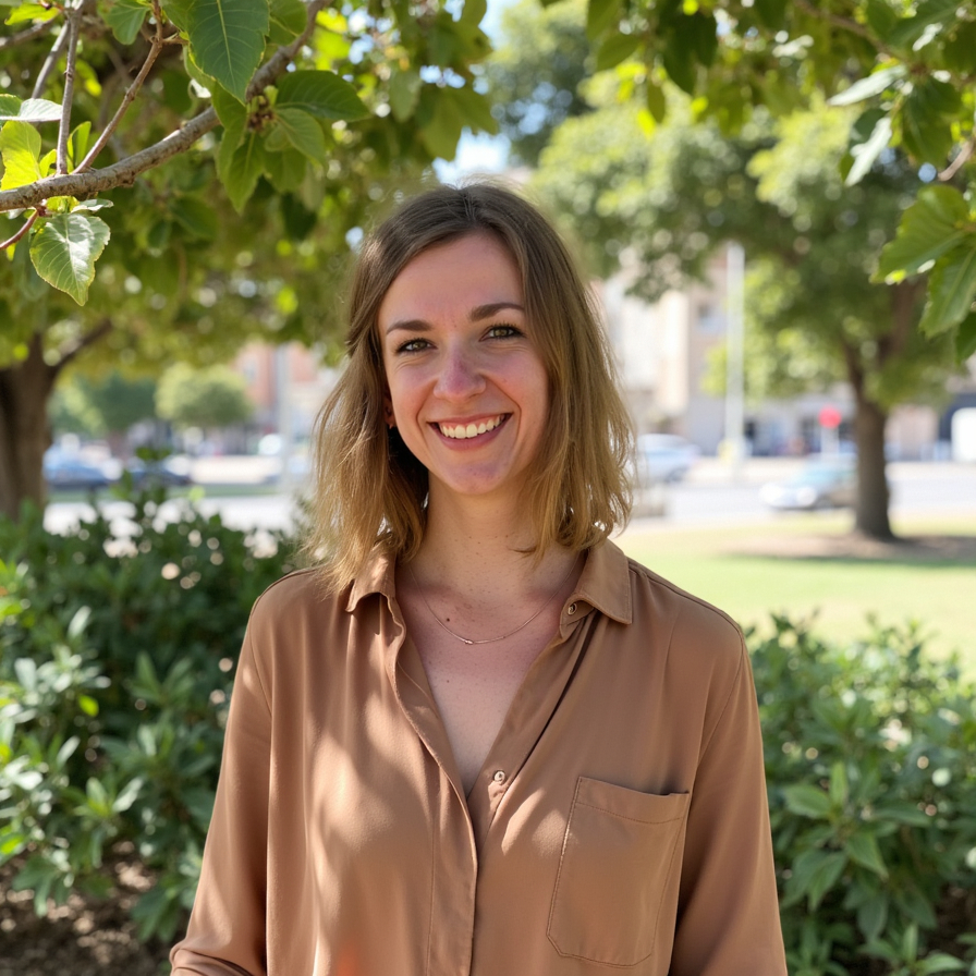 Porträt von Mareike lächelnd in einem städtischen Park