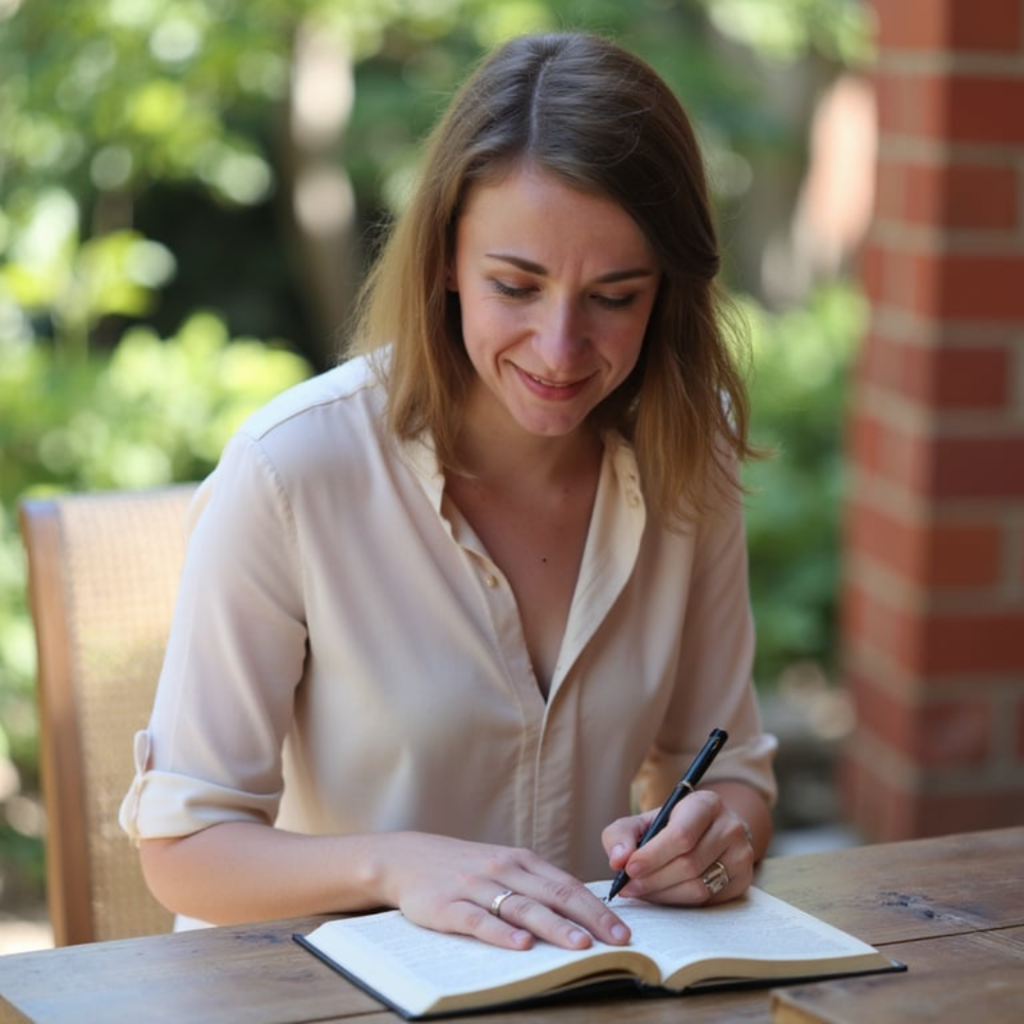 Mareike auf einer Terrasse an einem Tisch sitzend und in ein Notizbuch schreibend