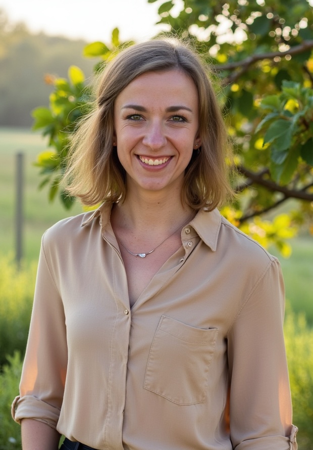 Porträt von Mareike, lächelnd, vor einer natürlichen grünen Umgebung in Uruguay